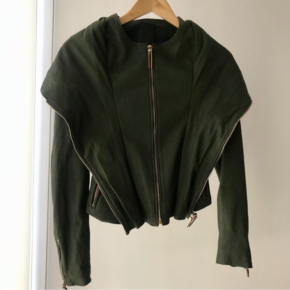 Jerome Dreyfusss Green Leather Fall Military Biker Jacket - Picture 4 of 8